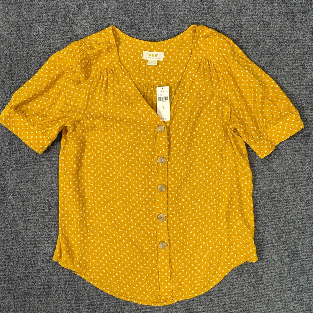 NWT Maeve Anthropologie Mustard Polka Dot Button Front Blouse Size 2